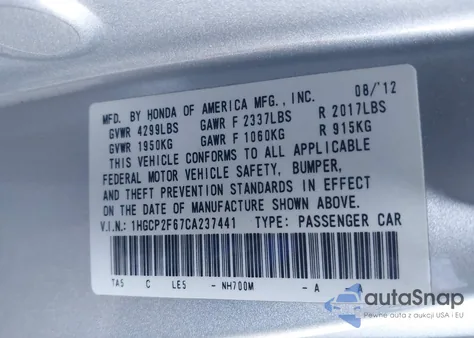 2012 Honda Accord 2.4 Se from USA, damaged, VIN 1HGCP2F67CA237441